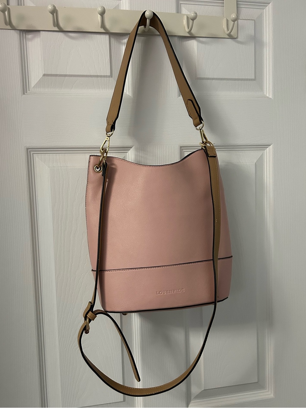 Louenhide Blush Pink Shoulder Bucket Bag with Tan Trim